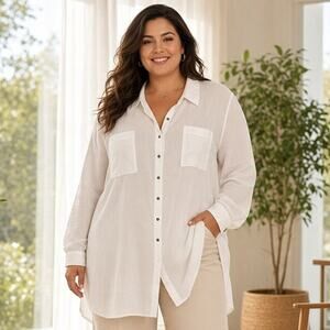 Cato Womens Sz 26/28W White Gauze Button Front Tunic Top LS Hi Low Cotton Blend
